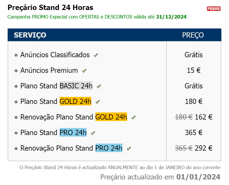 Preçário Stand 24 Horas